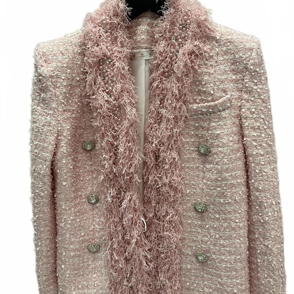 Light Pink Boucle Open Front Jacket Rhinestone Buttons & Pearl Detail